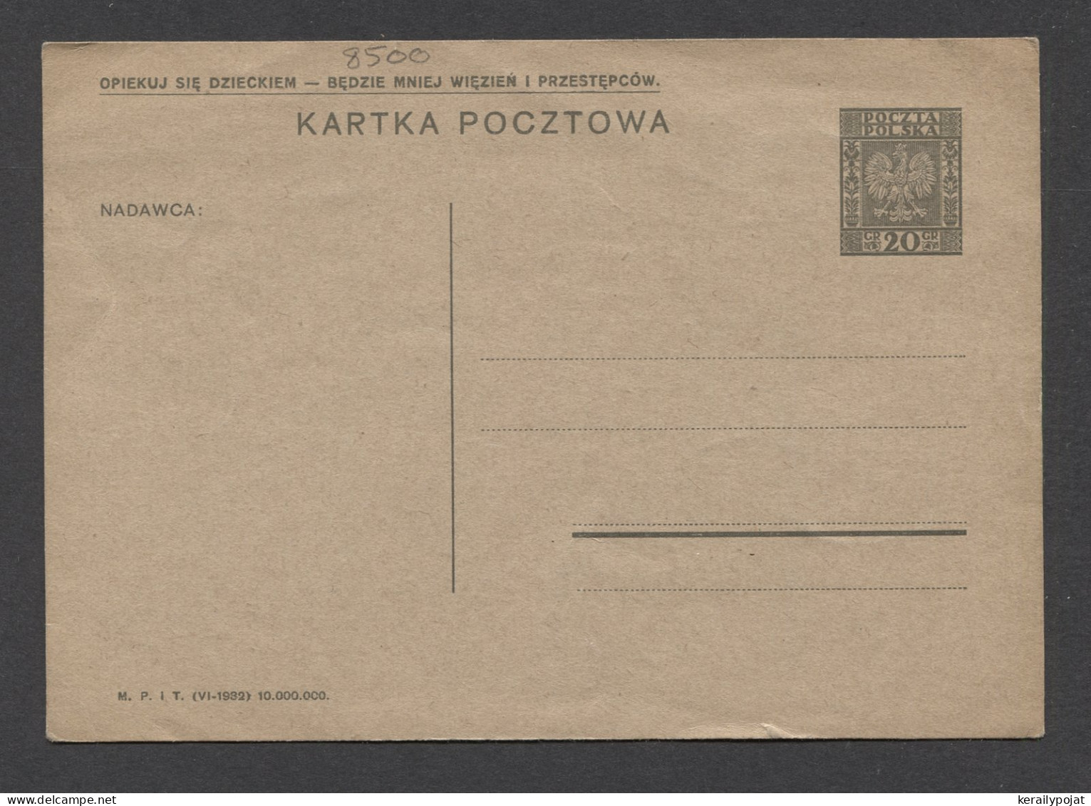 Poland 20Gr. Grey Unused Stationery Card__(8500) - Stamped Stationery