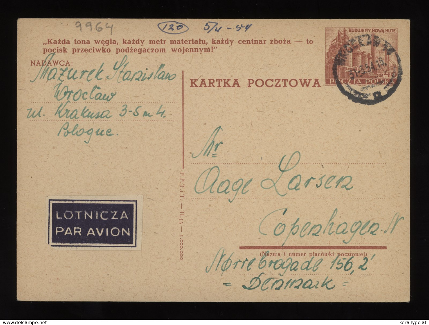 Poland 1954 Wroclaw Stationery Card To Denmark__(9964) - Stamped Stationery