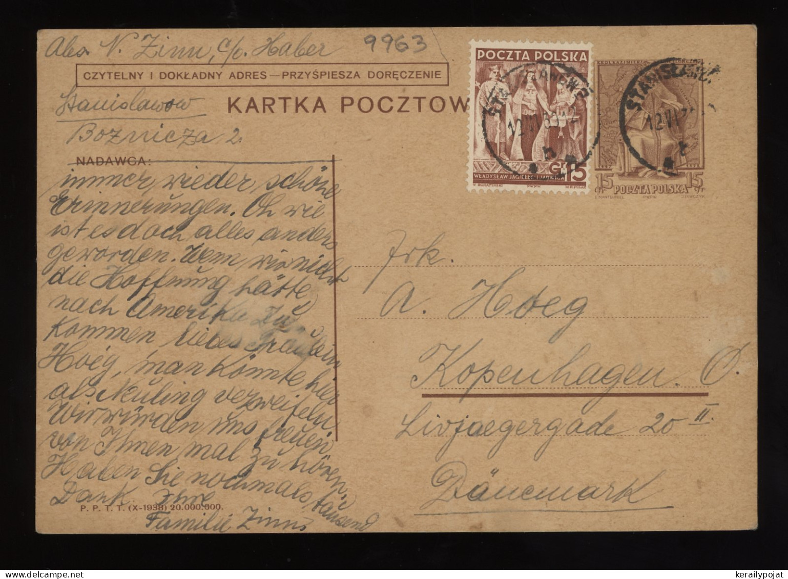 Poland 1939 Stanislawów Stationery Card To Denmark__(9963) - Stamped Stationery