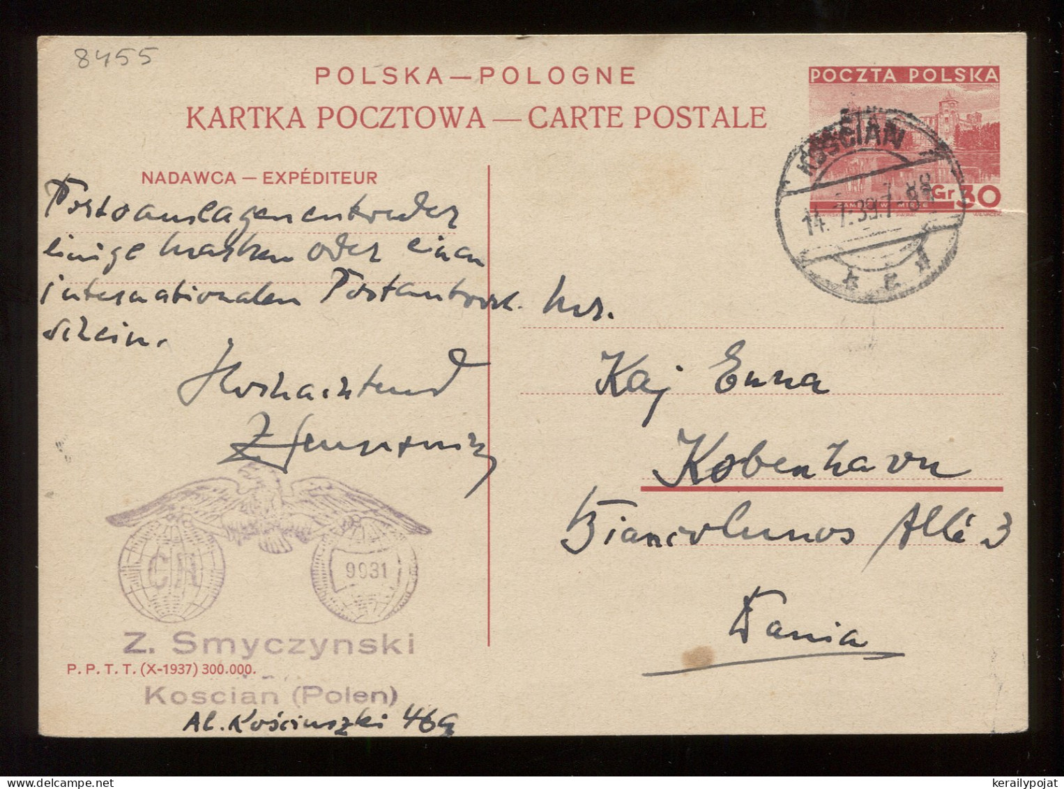 Poland 1939 Koscian Stationery Card To Denmark__(8455) - Stamped Stationery