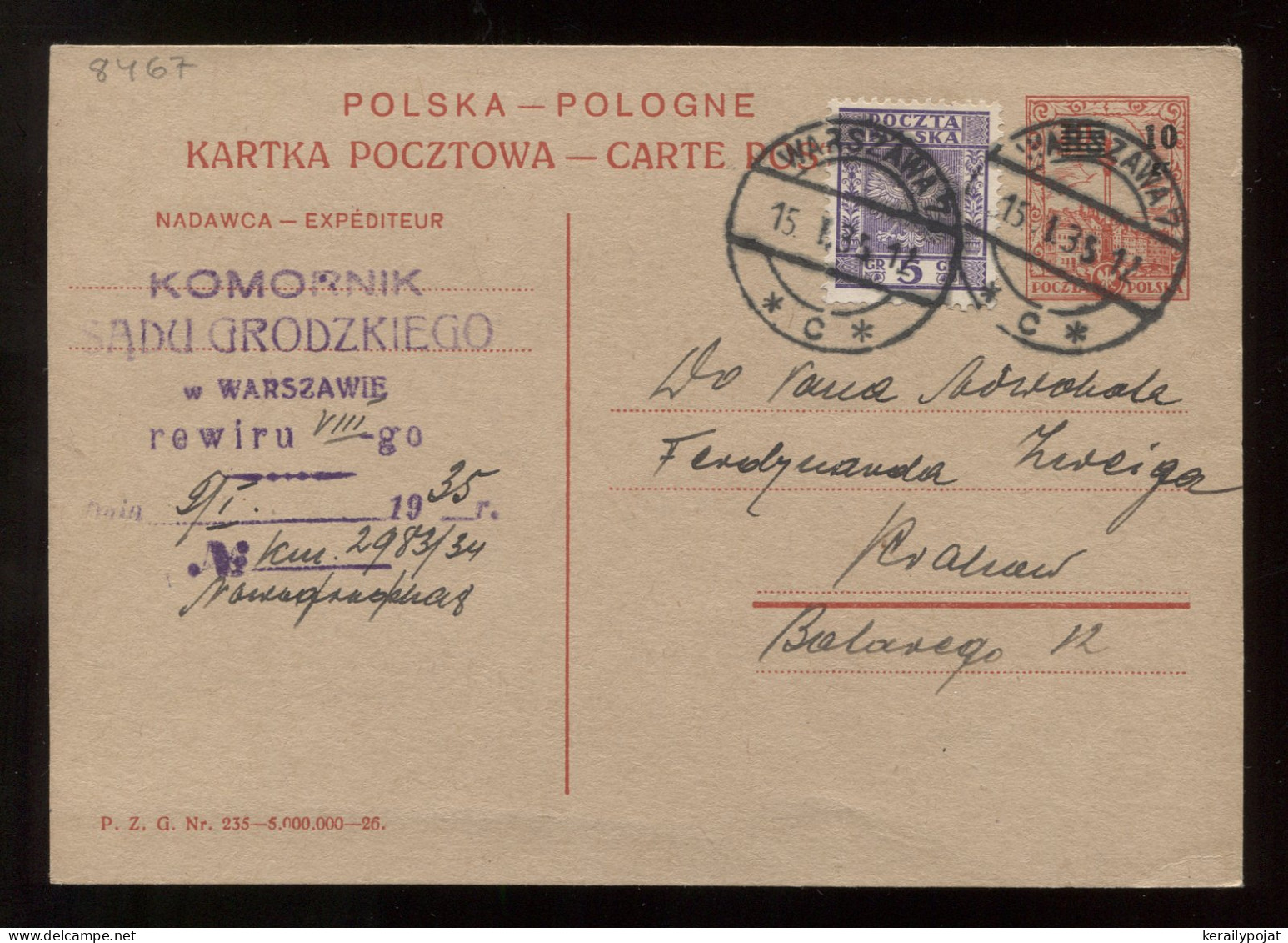 Poland 1935 Warszawa Stationery Card To Krakow__(8467) - Entiers Postaux