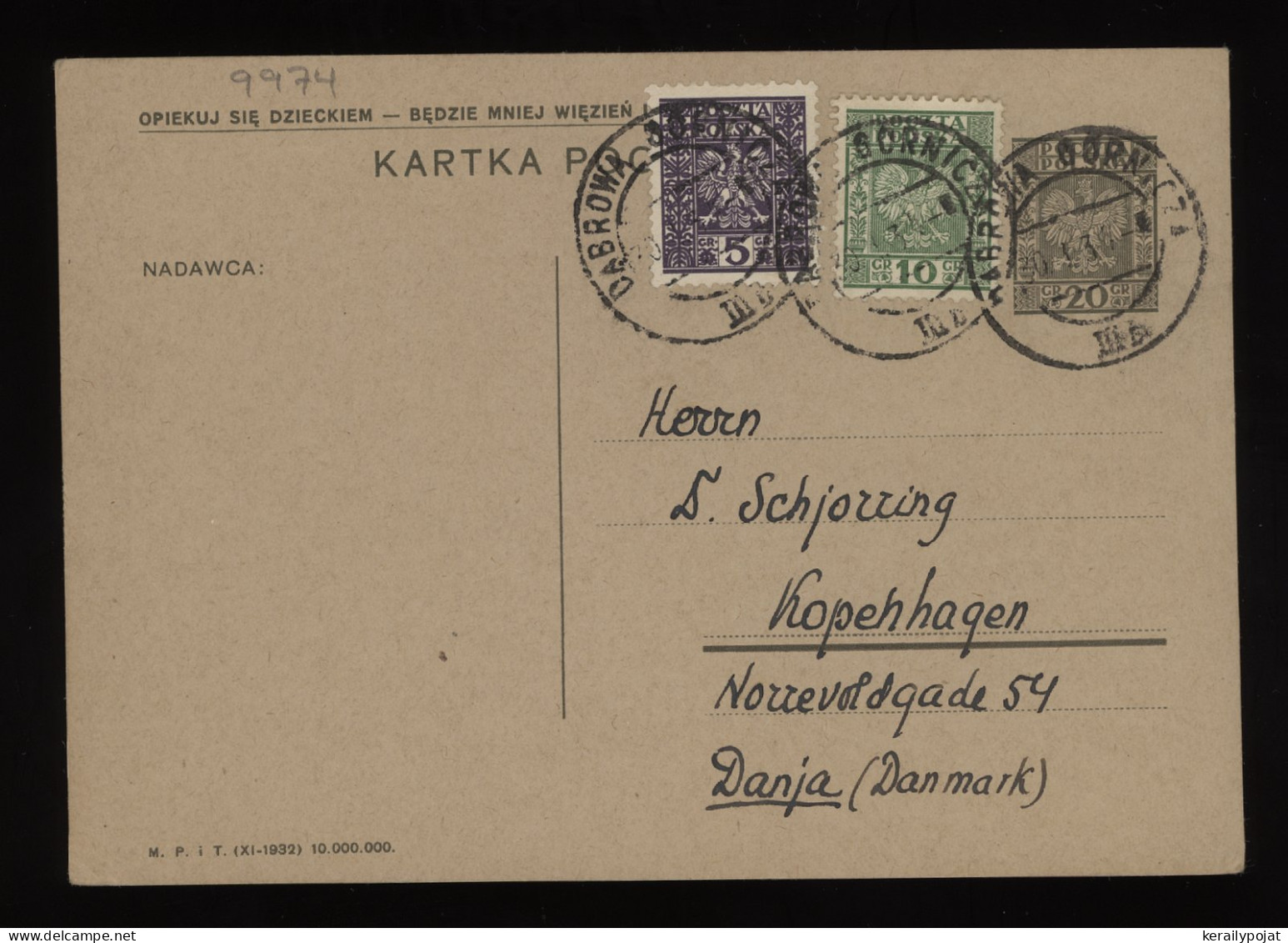 Poland 1934 Dabrowa Stationery Card To Denmark__(9974) - Entiers Postaux