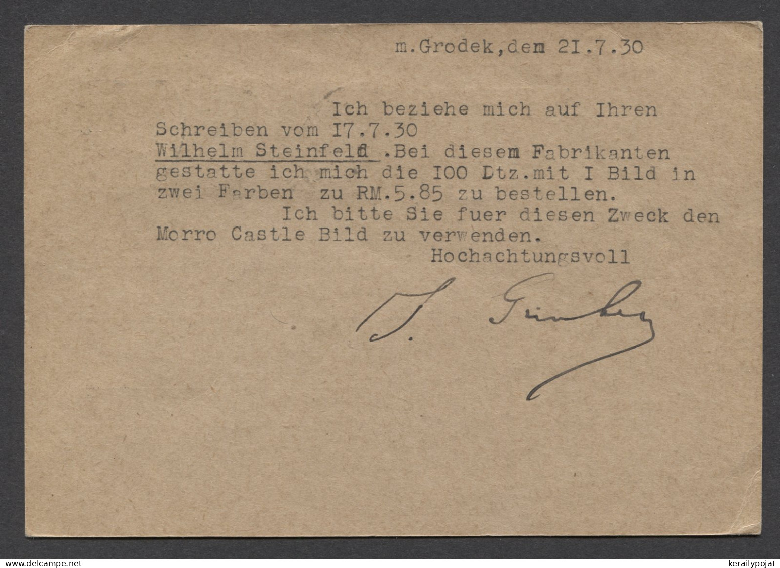 Poland 1930 Grodek Stationery Card To Germany__(8479) - Stamped Stationery