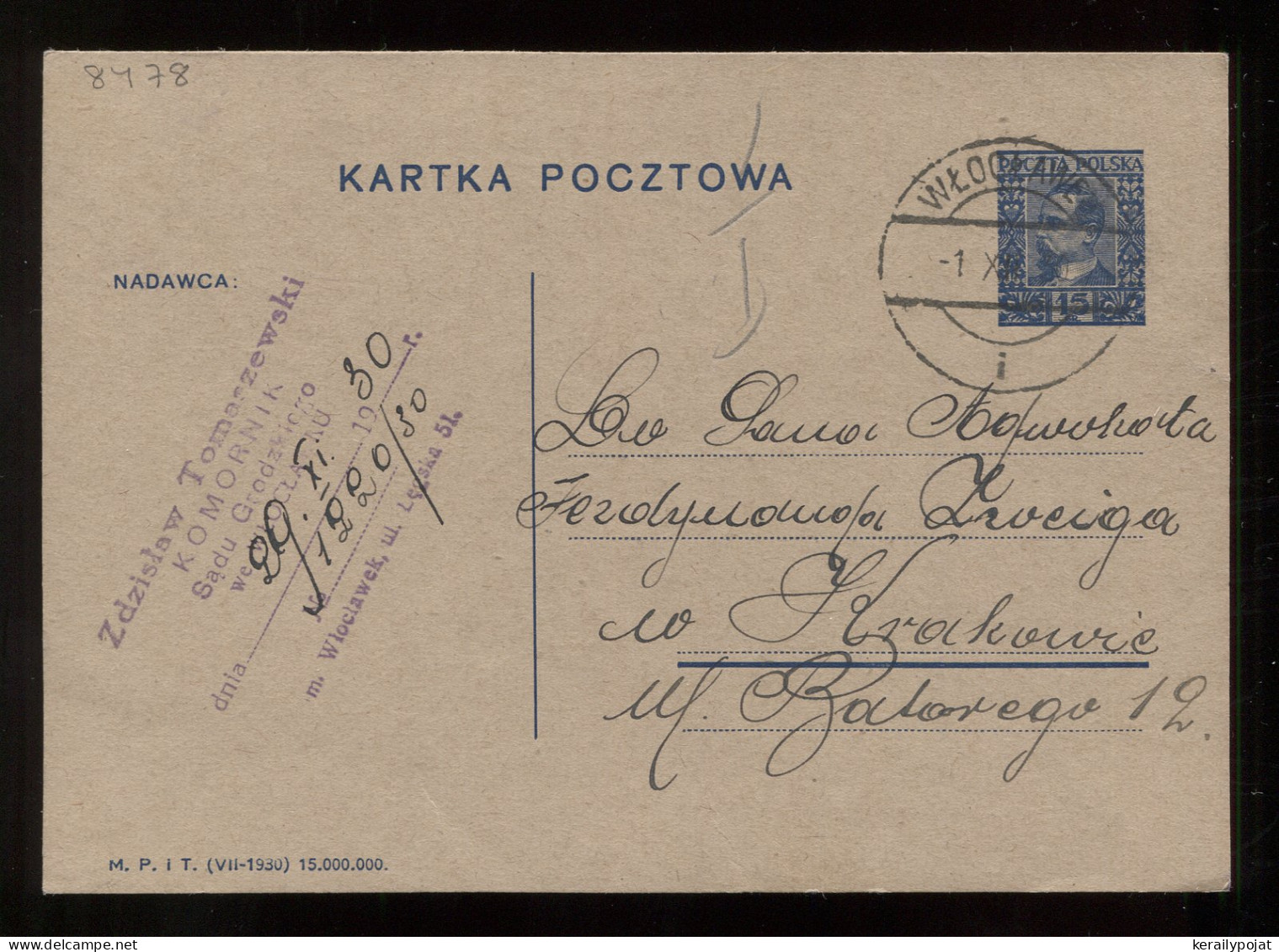 Poland 1930 Wloclawek Stationery Card To Krakow__(8478) - Entiers Postaux