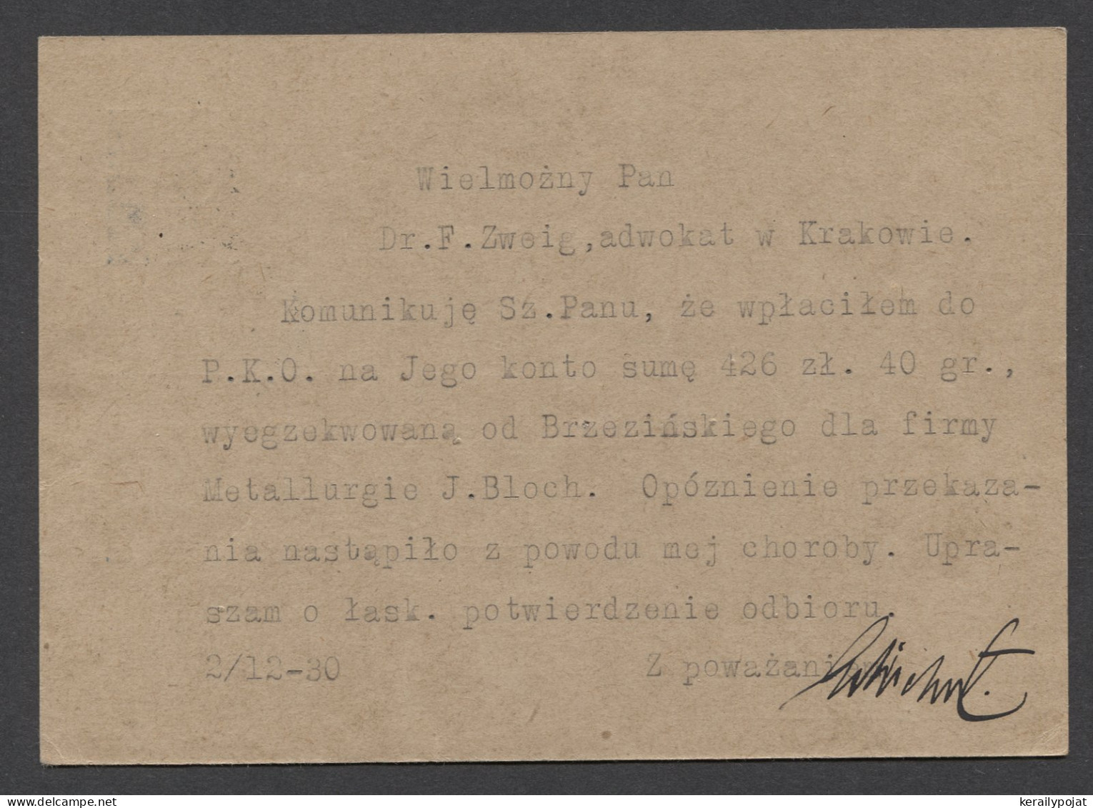 Poland 1930 Brzesciu Stationery Card To Krakow__(8480) - Postwaardestukken