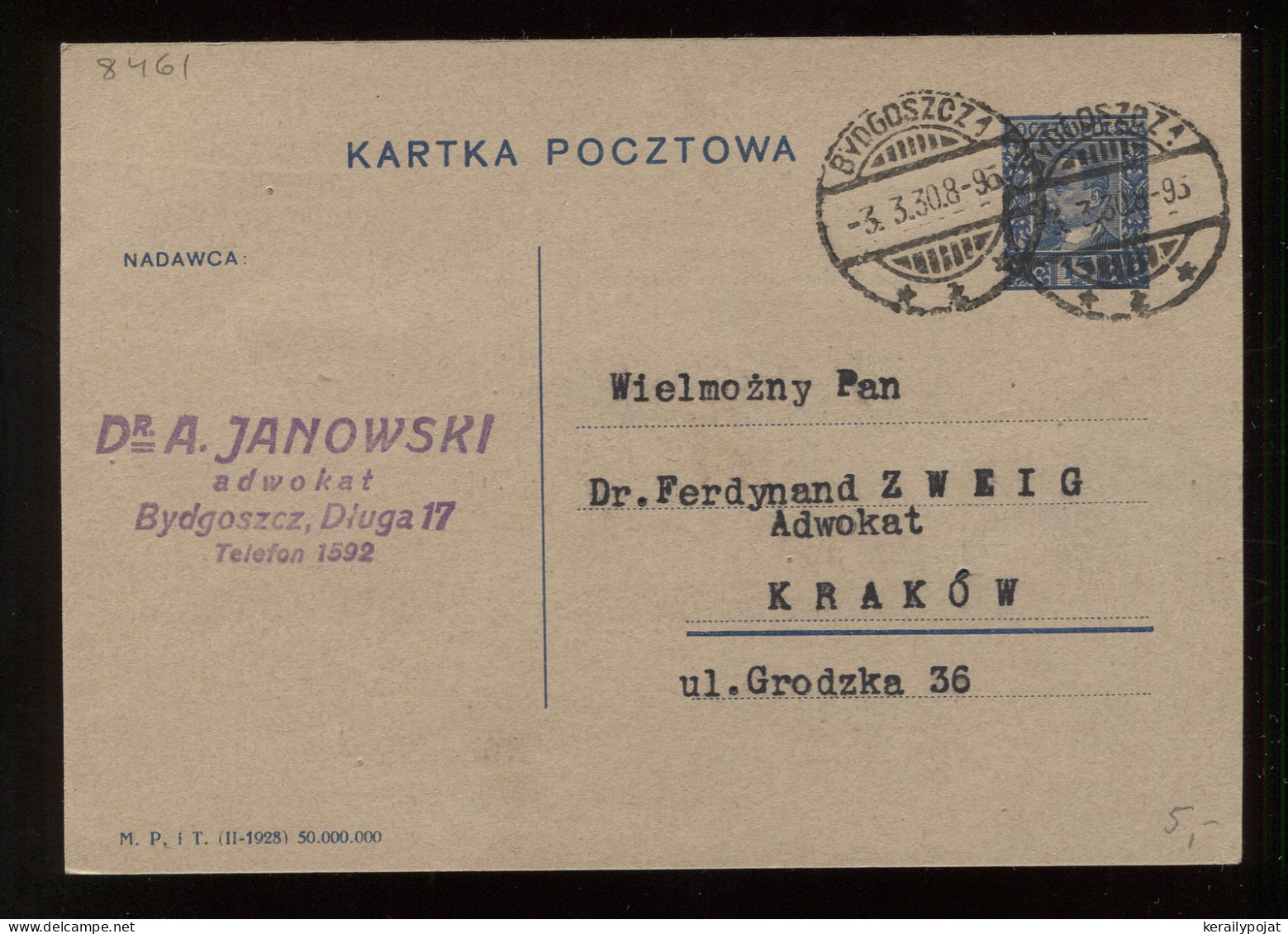 Poland 1930 Bydgoszcz Stationery Card To Krakow__(8461) - Postwaardestukken