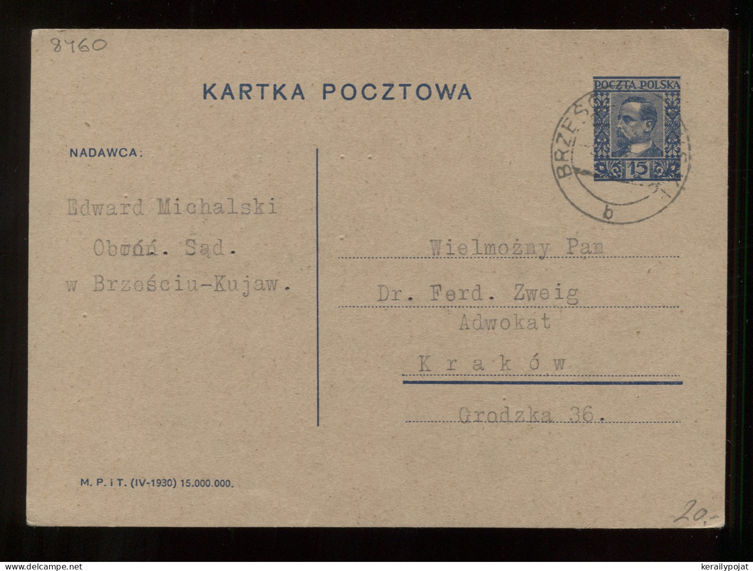 Poland 1930 Brzesciu Stationery Card To Krakow__(8460) - Postwaardestukken