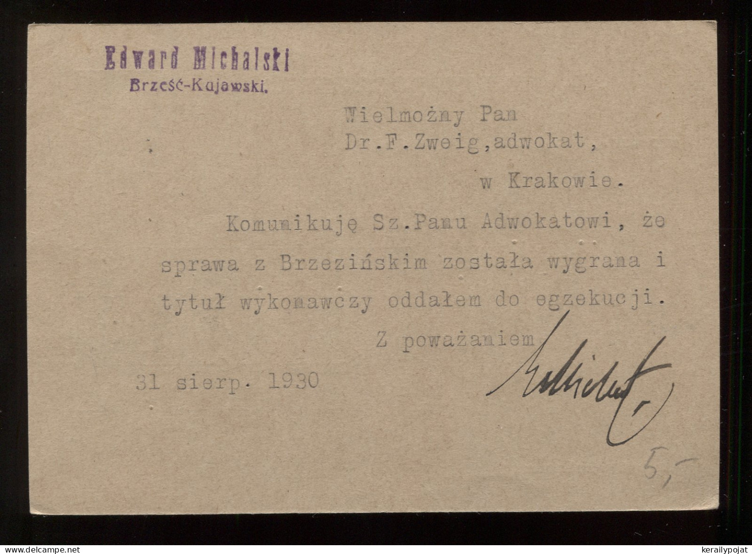 Poland 1930 Brzesciu Stationery Card To Krakow__(8460) - Stamped Stationery