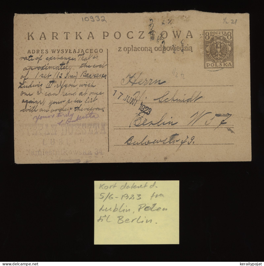 Poland 1923 Lublin Stationery Card To Berlin__(10932) - Postwaardestukken