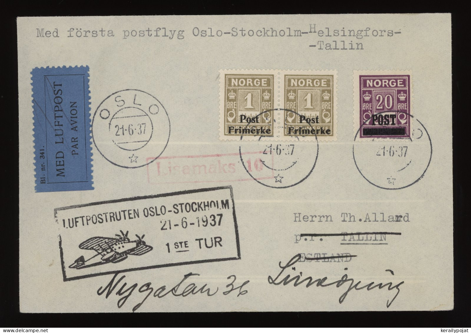 Norway 1937 Oslo Air Mail Cover__(12241) - Lettres & Documents
