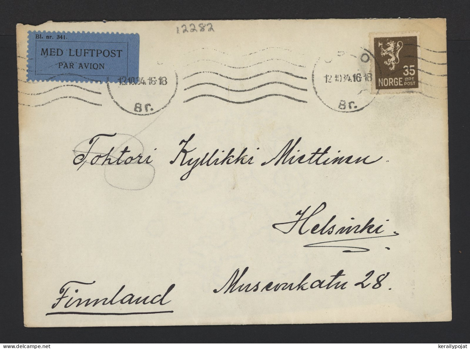 Norway 1934 Oslo Air Mail Cover To Finland__(12282) - Lettres & Documents