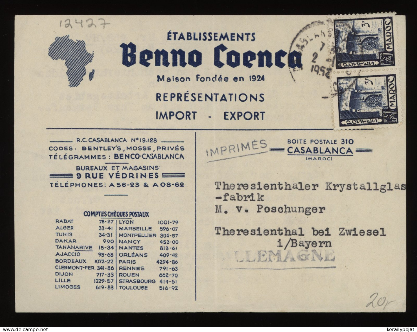 Morocco 1952 Casablanca Card To Germany__(12427) - Maroc (1956-...)