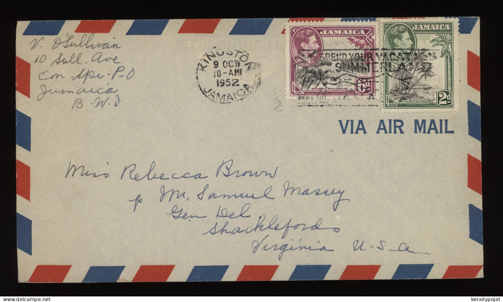 Jamaica 1952 Kingston Air Mail Cover To USA__(12492) - Jamaica (...-1961)