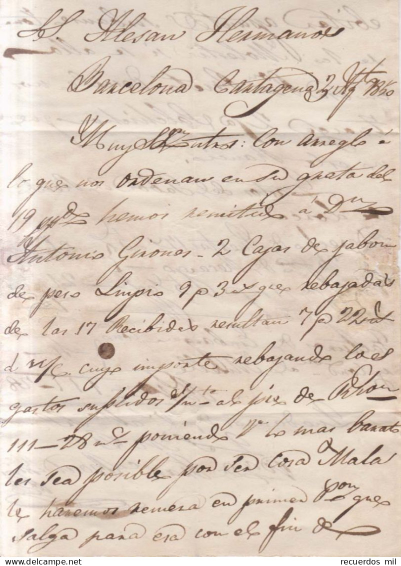 Año 1850 Prefilatelia Carta  Marca Cartagena Murcia Y Recargo 6 Ms - ...-1850 Préphilatélie