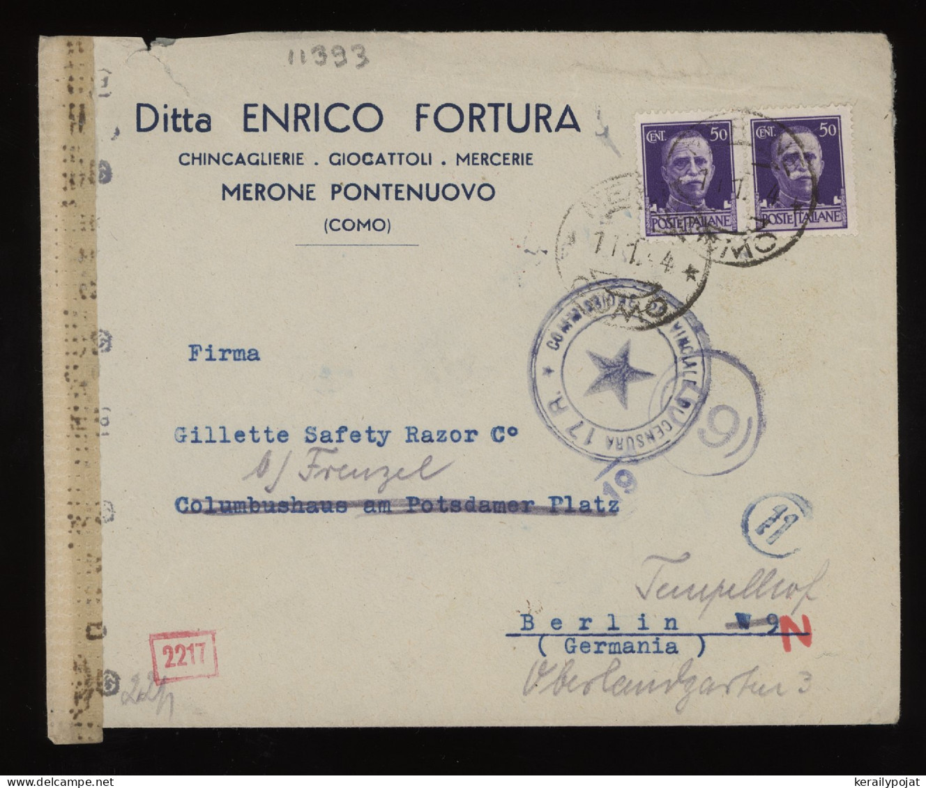 Italy 1944 Merone Censored Business Cover To Berlin__(11393) - Marcophilia