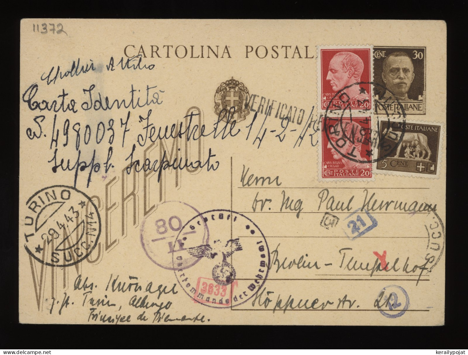 Italy 1943 Torino Censored Stationery Card To Berlin__(11372) - Ganzsachen