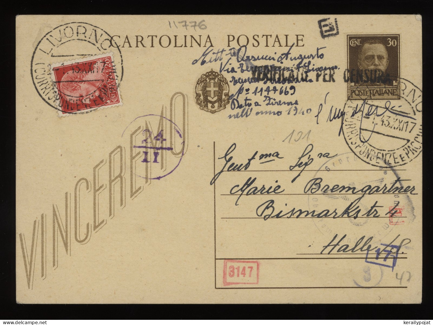 Italy 1943 Livorno Censored Stationery Card To Halle__(11776) - Ganzsachen