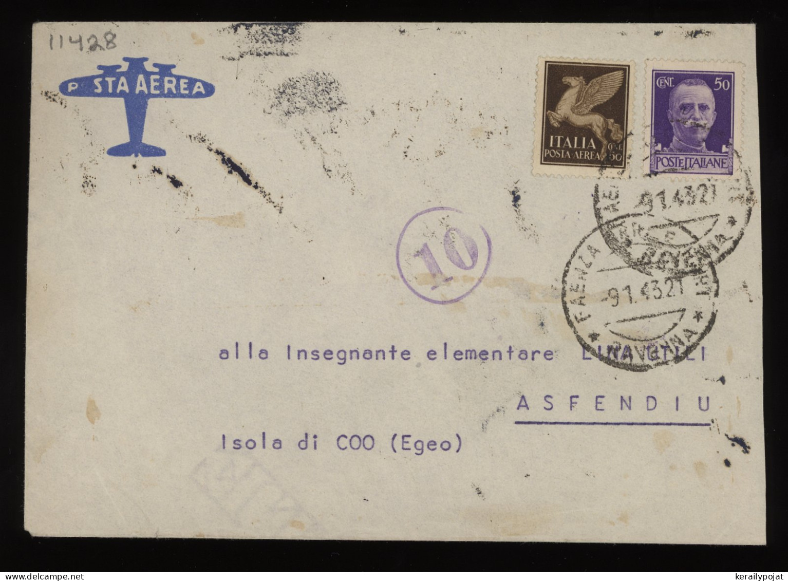 Italy 1943 Censored Air Mail Cover To Isola Di Coo__(11428) - Poste Aérienne