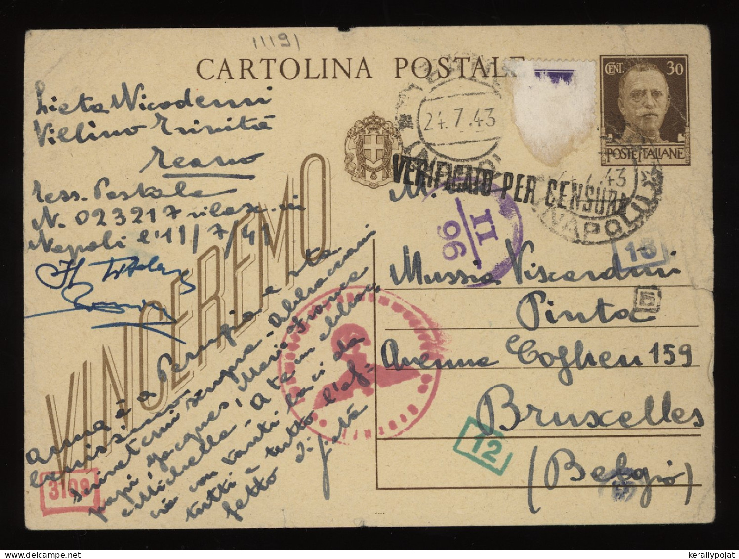 Italy 1943 Censored Stationery Card To Belgium__(11191) - Entero Postal