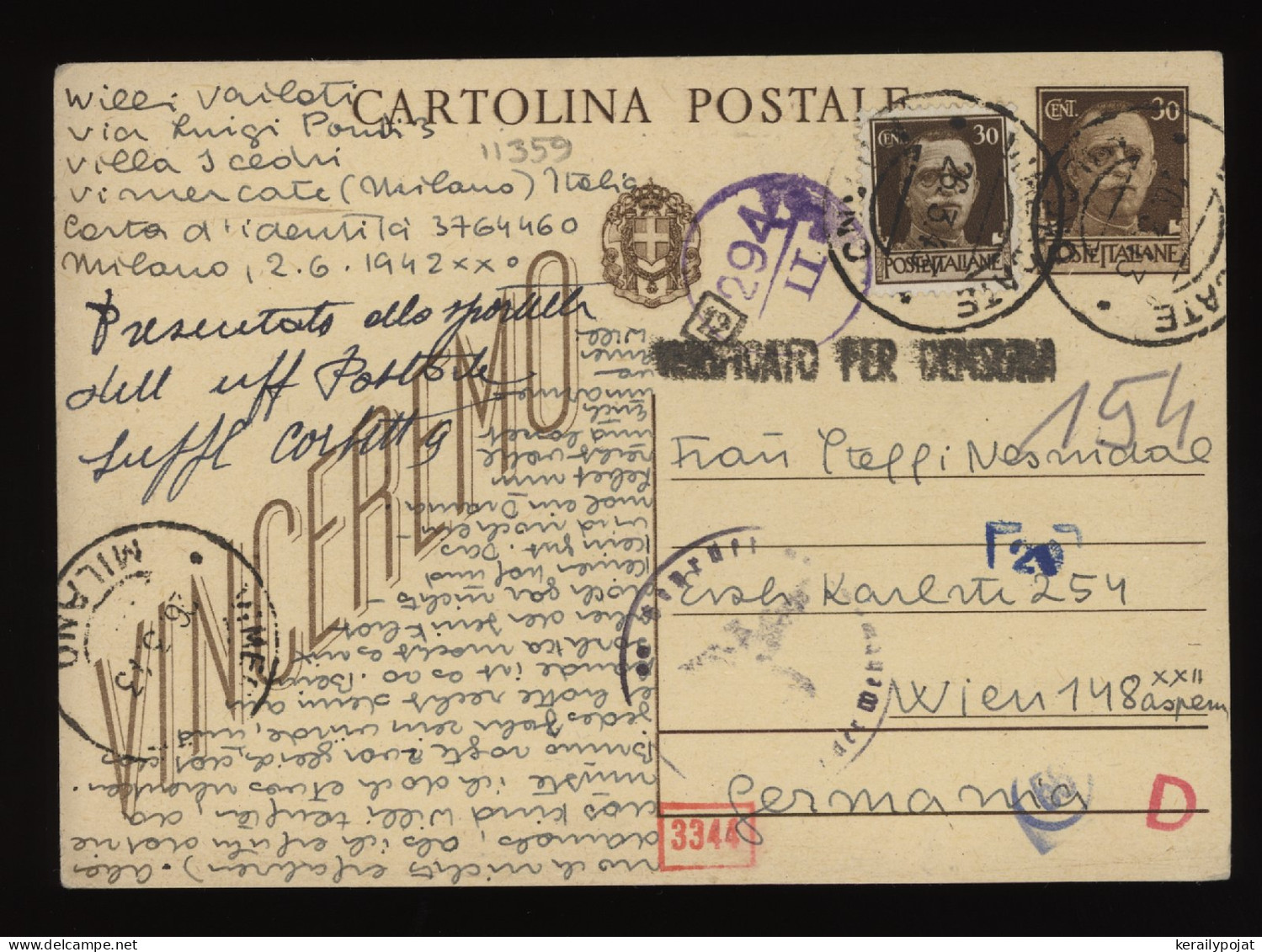 Italy 1942 Vimercate Censored Stationery Card To Wien__(11359) - Entiers Postaux