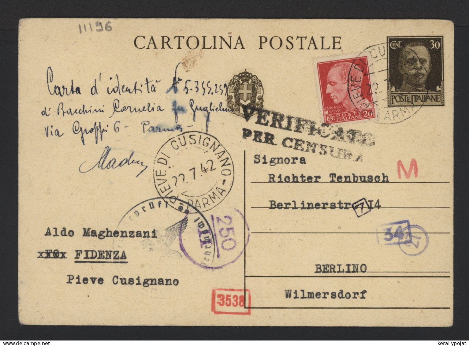 Italy 1942 Pieve Cusignano Censored Stationery Card To Berlin__(11196) - Entiers Postaux