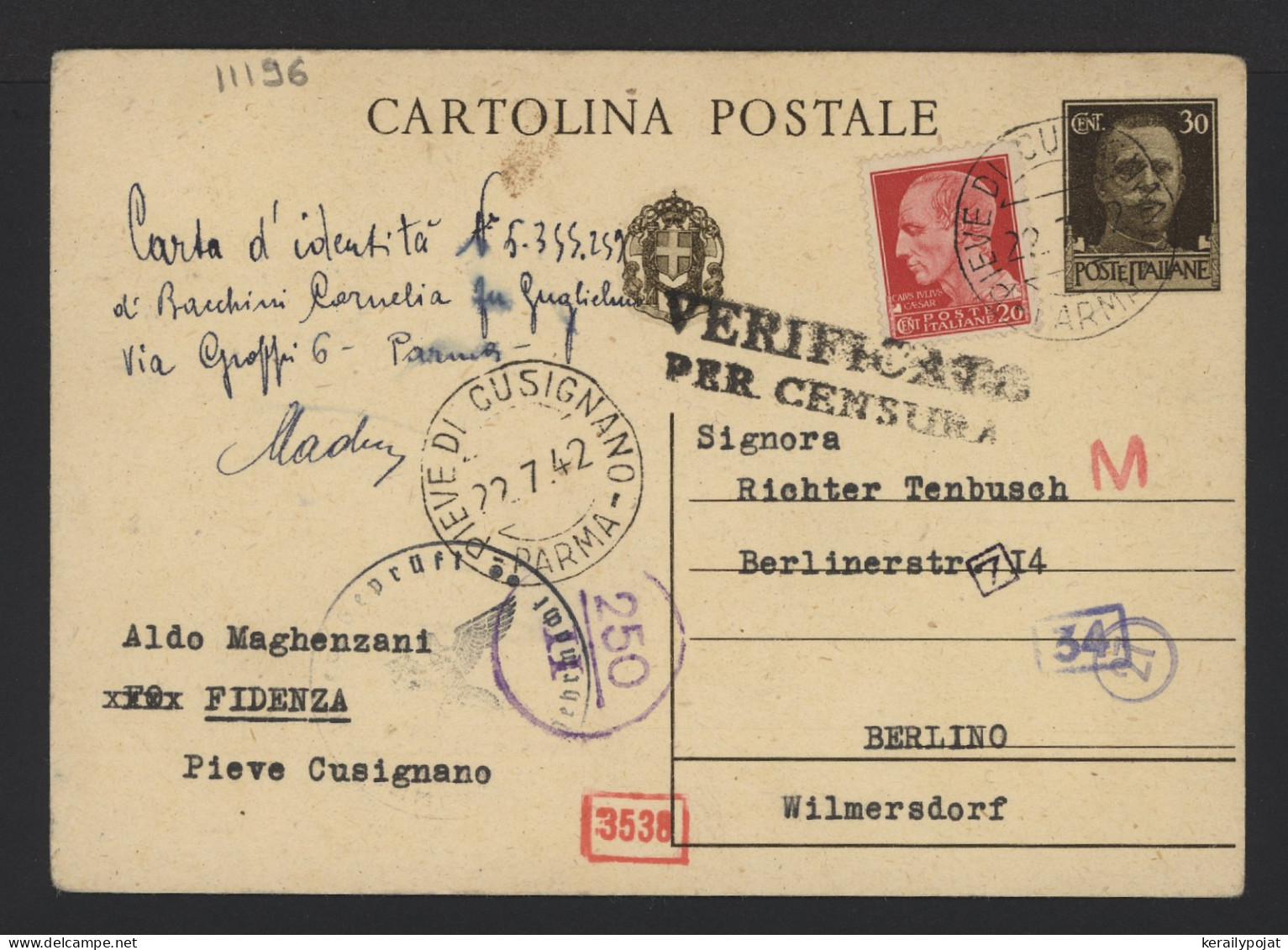 Italy 1942 Pieve Cusignano Censored Stationery Card To Berlin__(11196) - Entero Postal