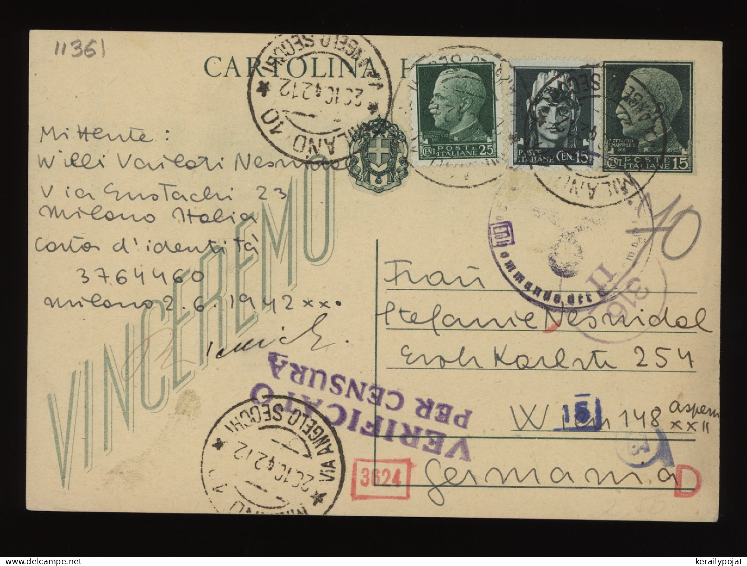 Italy 1942 Milano Censored Stationery Card To Wien__(11361) - Ganzsachen