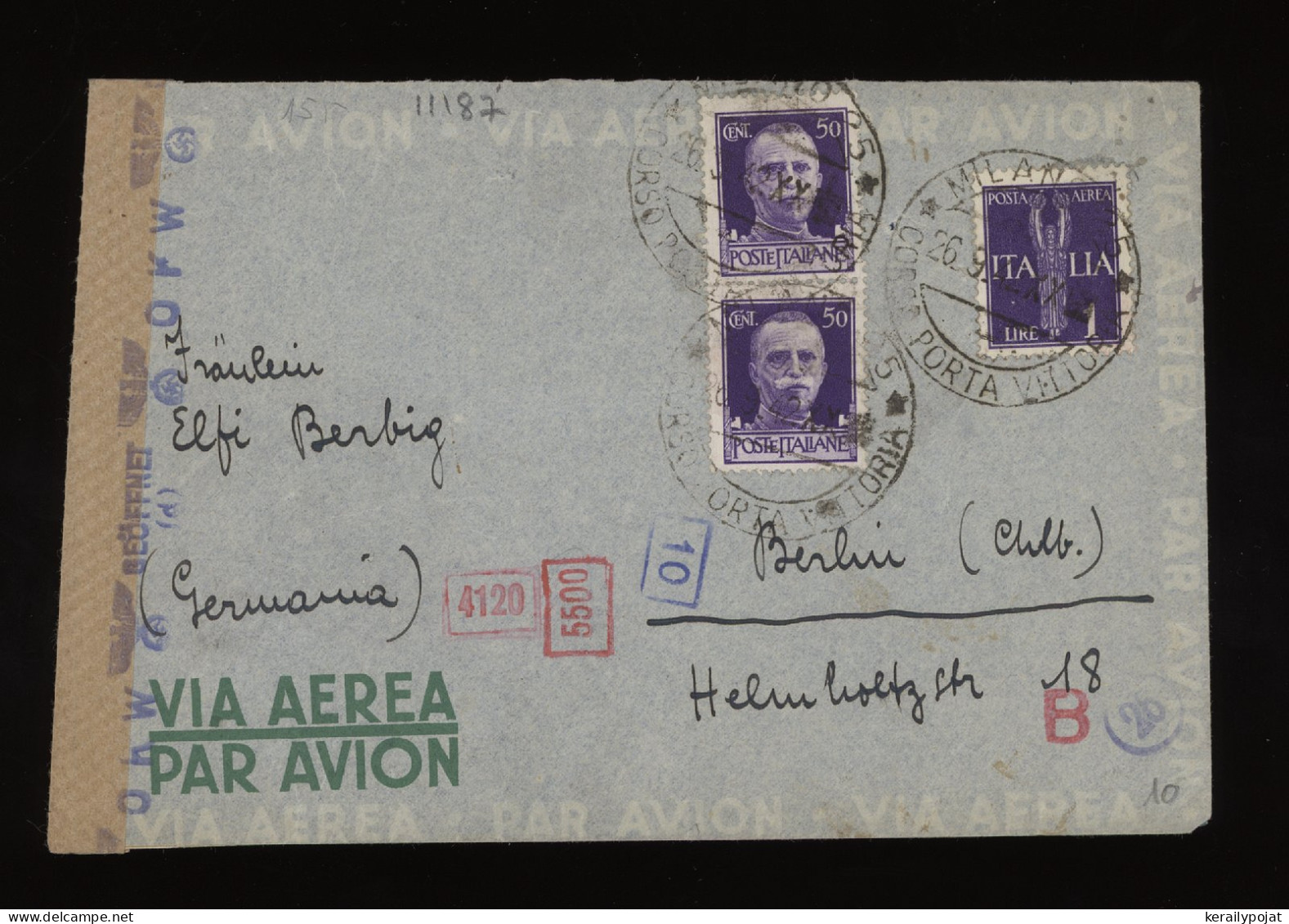 Italy 1942 Milano Censored Air Mail Cover To Berlin__(11187) - Airmail