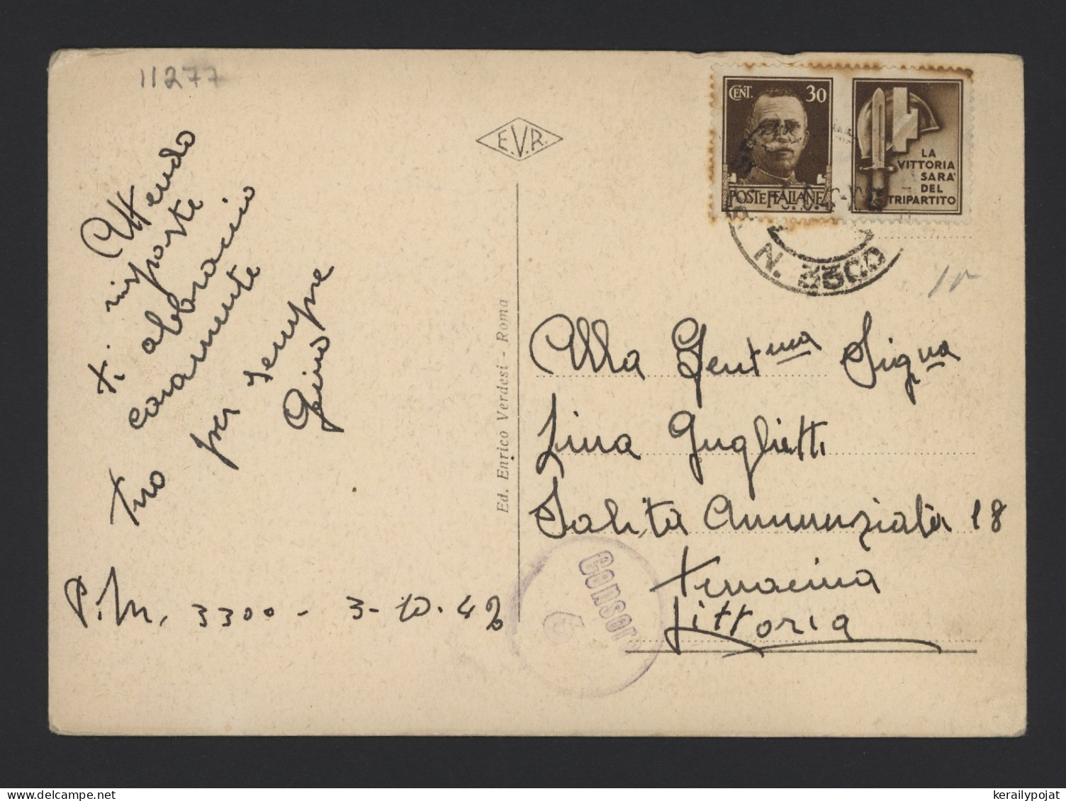 Italy 1942 Censored Postcard To Littoria__(11277) - Storia Postale