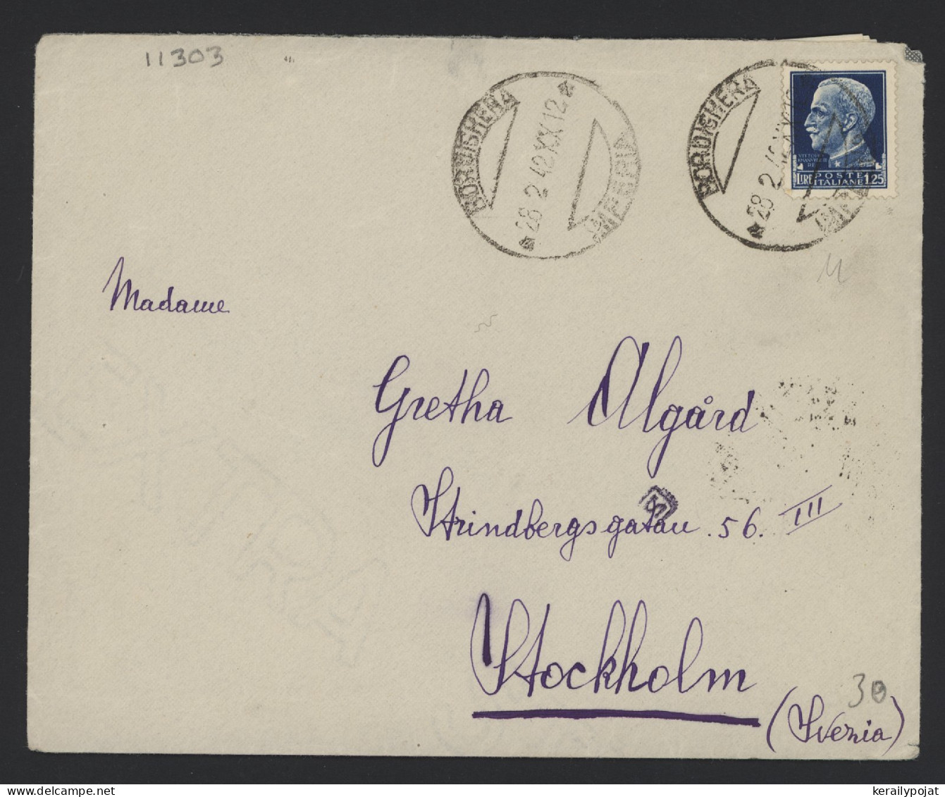 Italy 1942 Bordighera Censored Cover To Sweden__(11303) - Storia Postale