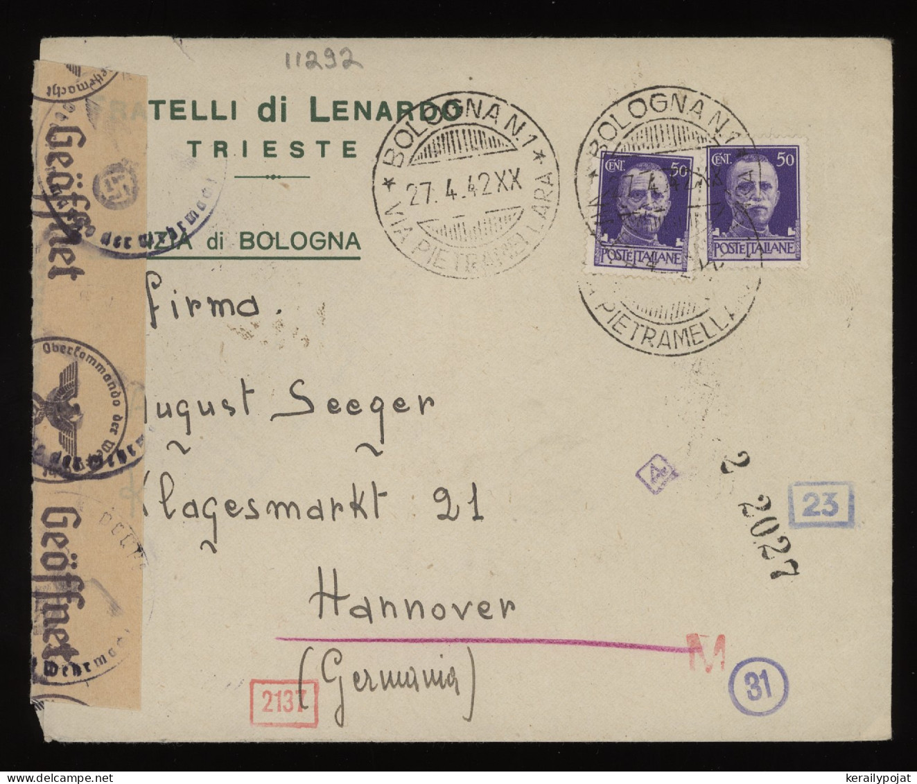 Italy 1942 Bologna Censored Business Cover To Hannover__(11292) - Storia Postale