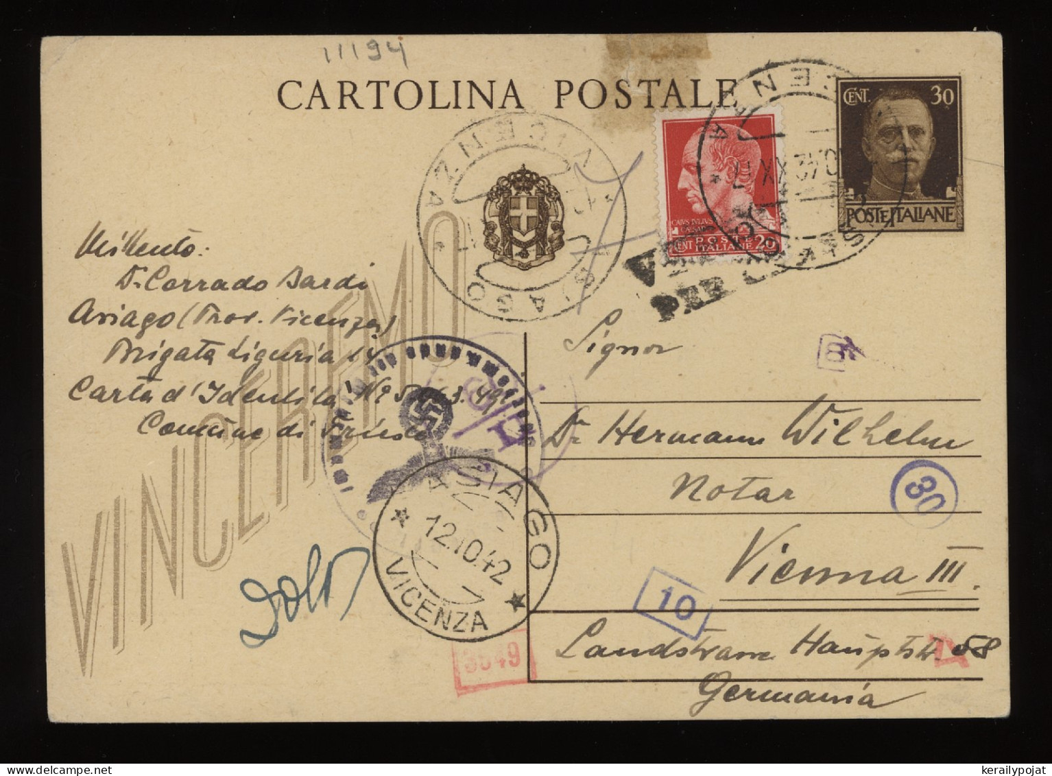 Italy 1942 Asiago Censored Stationery Card To Vienna__(11194) - Stamped Stationery