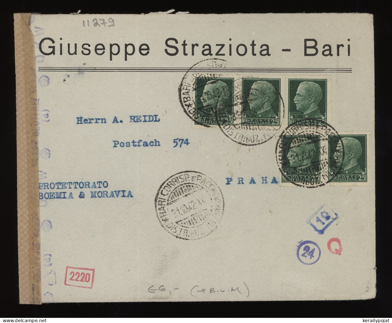 Italy 1942 Bari Censored Business Cover To Praha__(11279) - Storia Postale