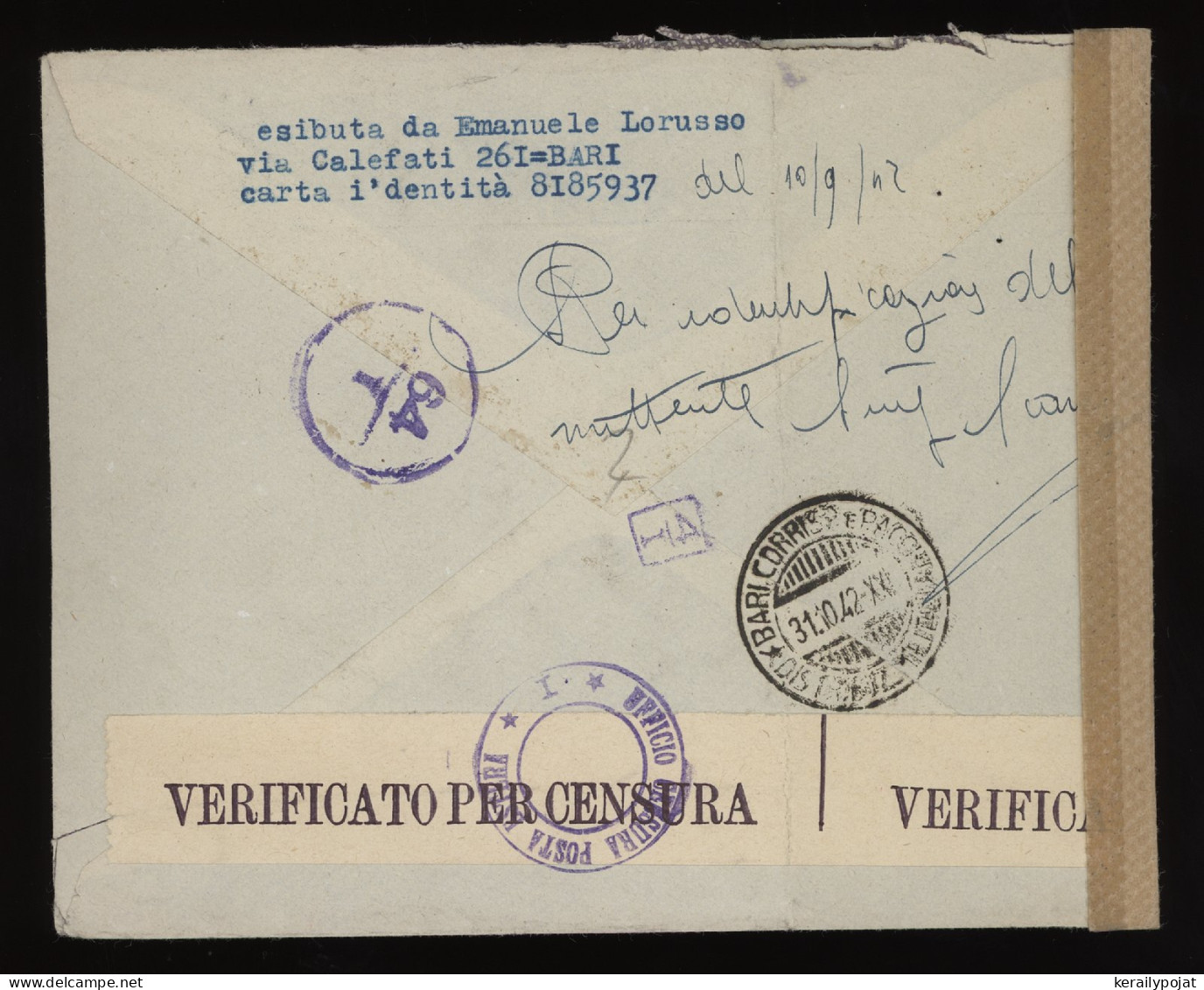 Italy 1942 Bari Censored Business Cover To Praha__(11279) - Storia Postale