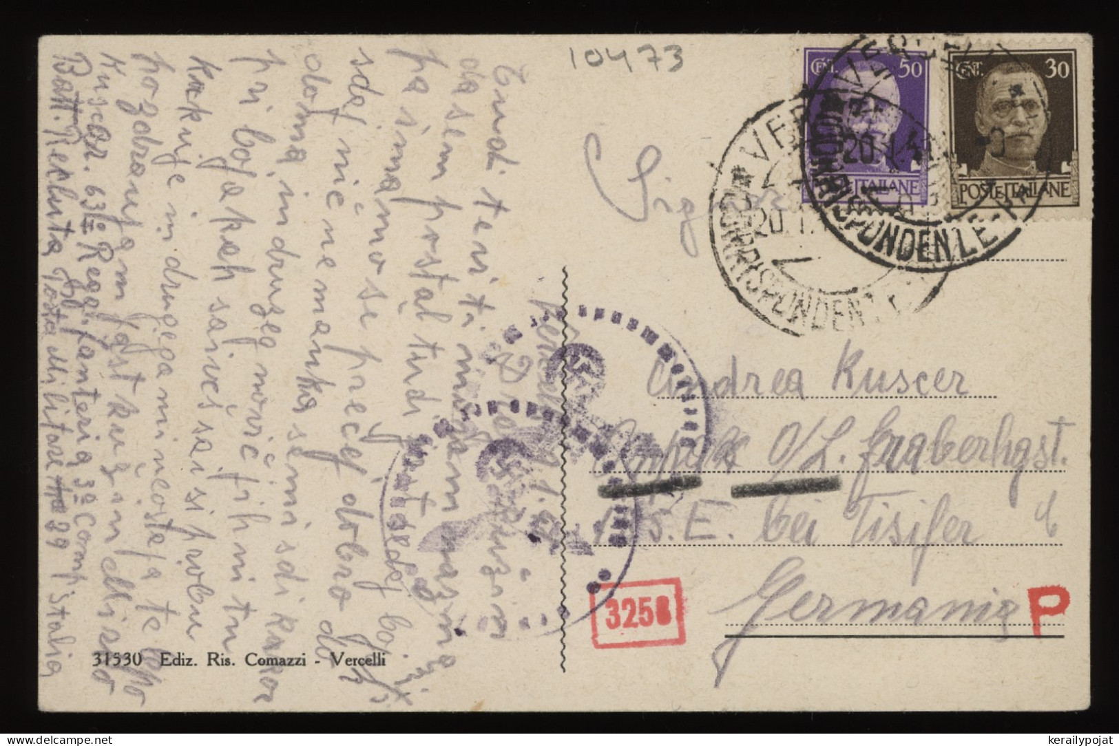 Italy 1941 Vercelli Censored Postcard To Germany__(10473) - Storia Postale