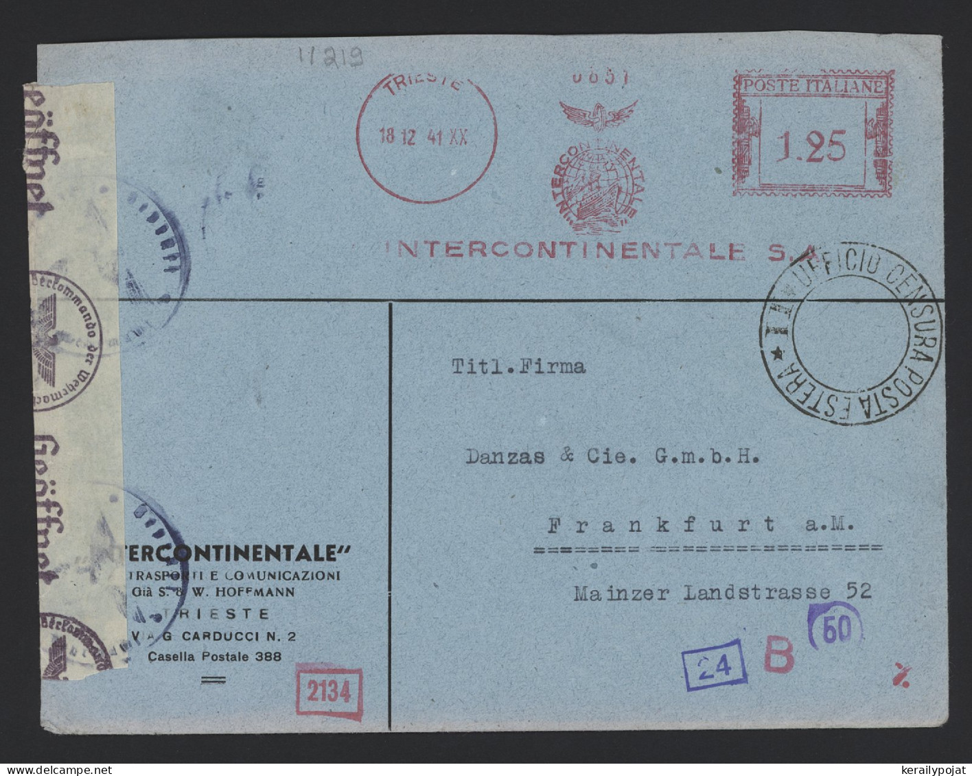 Italy 1941 Trieste Censored Meter Mark Cover To Frankfurt__(11219) - Storia Postale