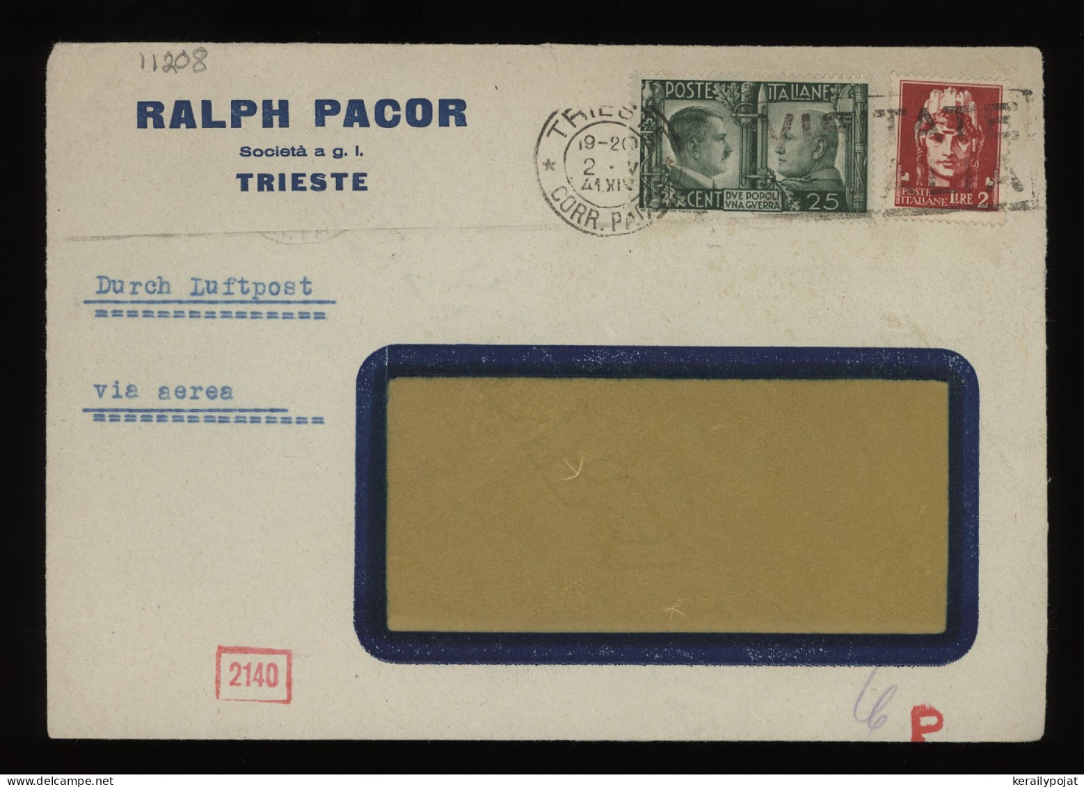 Italy 1941 Trieste Censored Air Mail Cover__(11208) - Poste Aérienne