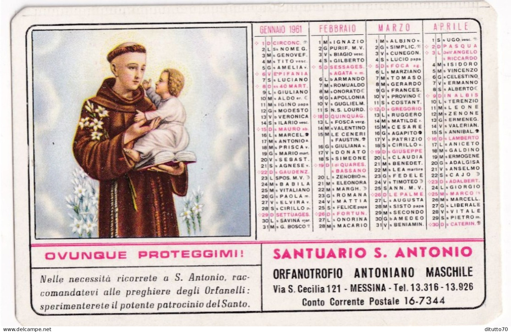 Calendarietto - Orfanotrofio Antoniano Maschile - Messina - Anno 1961 - Tamaño Pequeño : 1961-70
