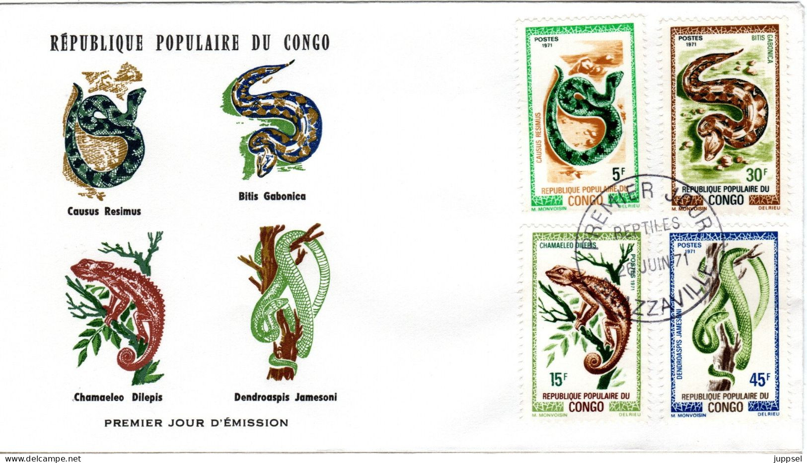 CONGO,  FDC,  Snakes, Chameleon    /       Lettre De Première Jour, Serpents, Caméléon   1971 - Slangen