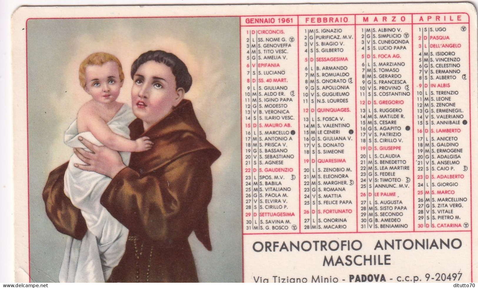 Calendarietto - Orfanotrofio Antoniano Maschile - Padova - Anno 1961 - Formato Piccolo : 1961-70