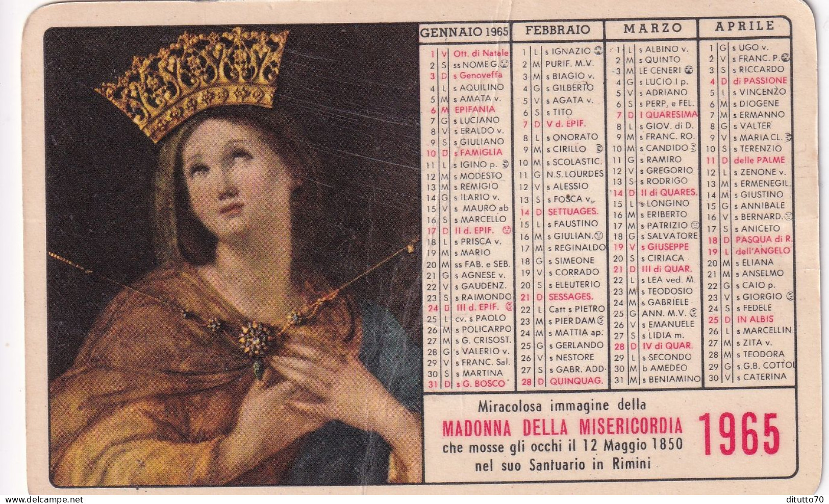 Calendarietto - Orfanotrofio Maschile - Madonna Della Missericordia - Rimini - Anno 1965 - Formato Piccolo : 1961-70