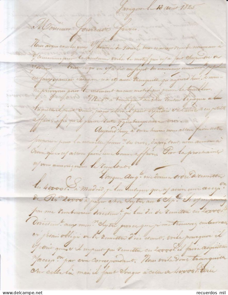Año 1825 Prefilatelia Carta A Francia Marcas Zª Franco , Espagne Par Oleron , Fourcade Freres - ...-1850 Prefilatelia