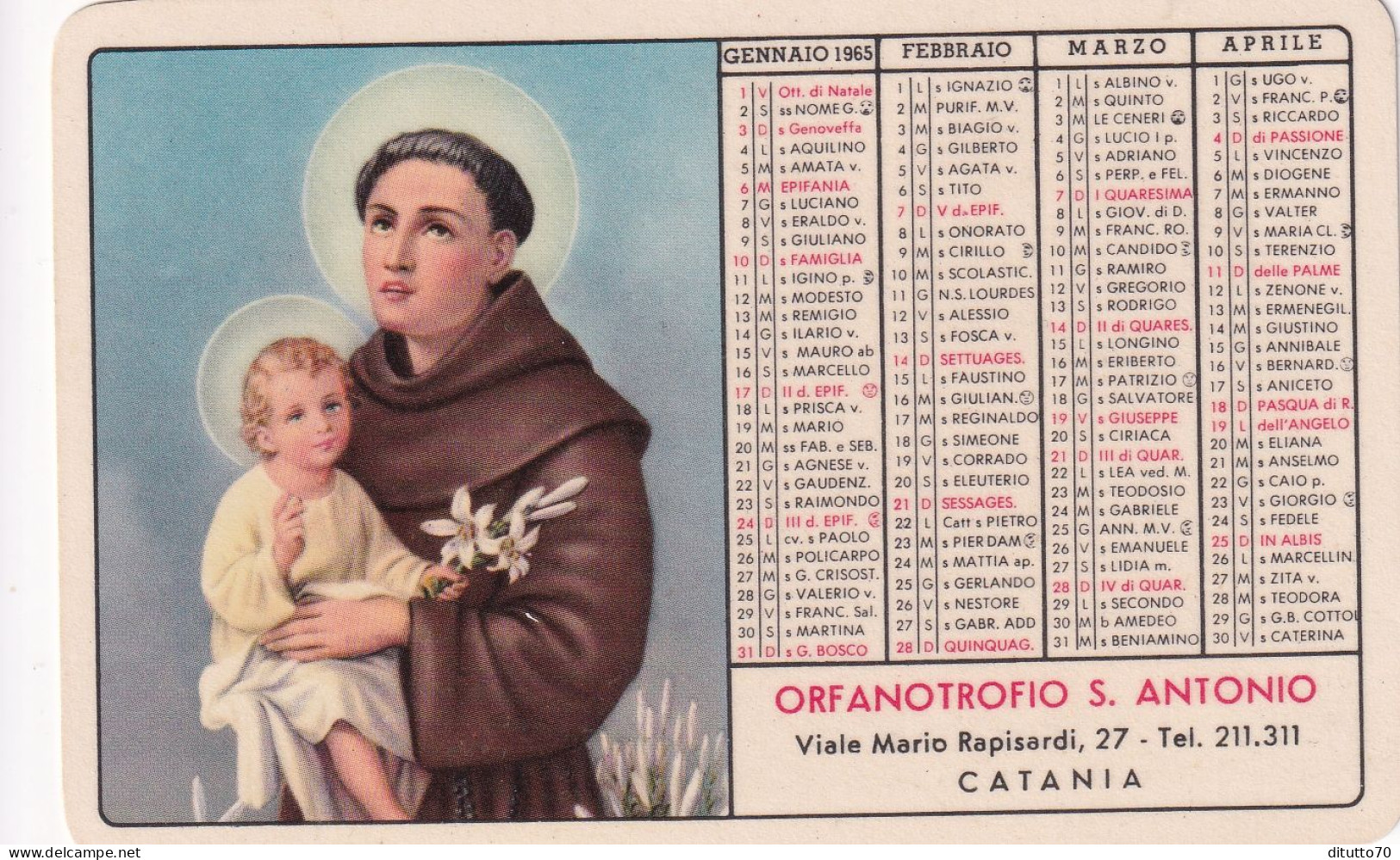 Calendarietto - Orfanotrofio S.antonio - Catania - Anno 1965 - Small : 1961-70