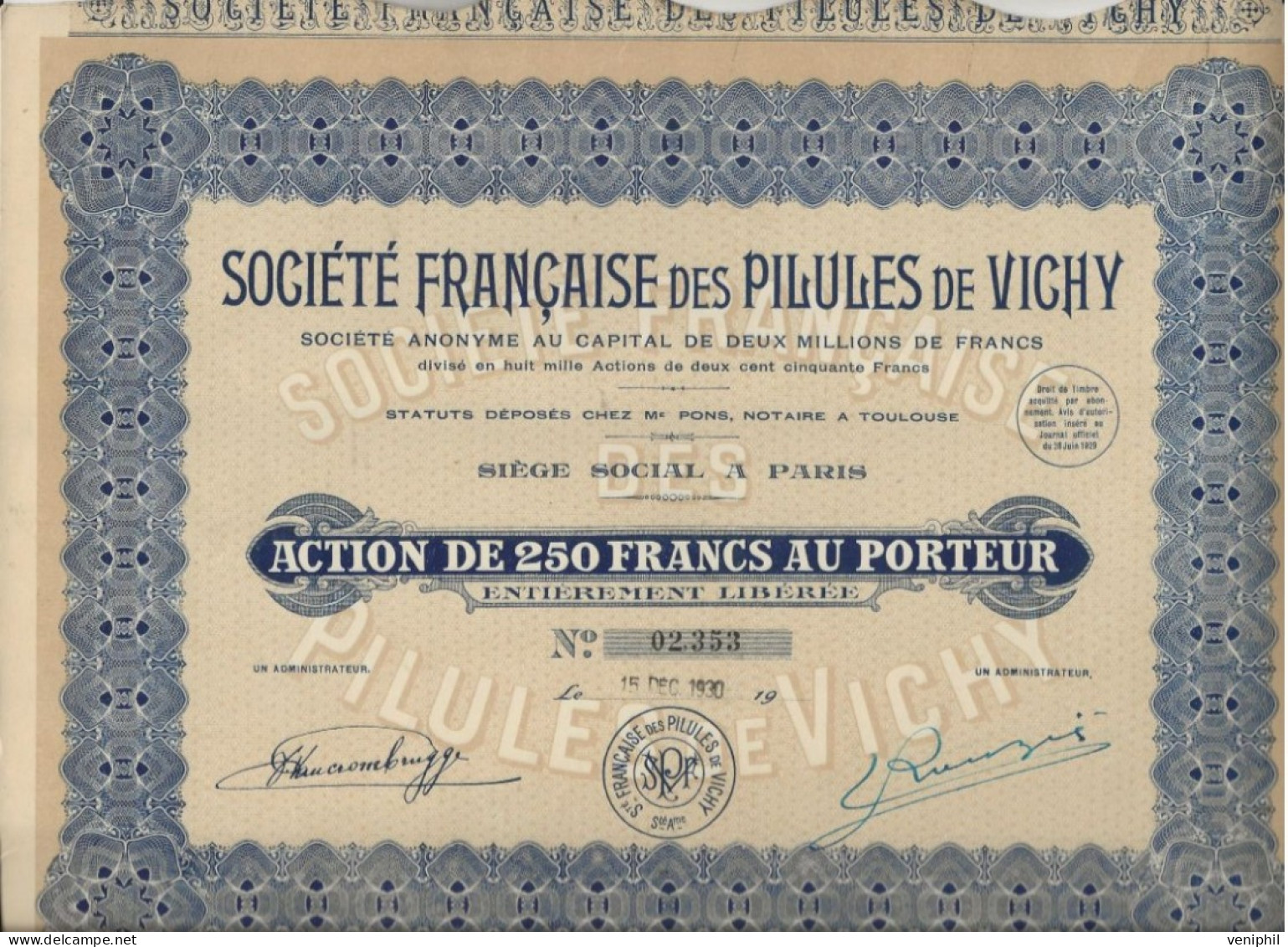 SOCIETE FRANCAISE DES PILULES DE VICHY  - LOT DE 3 ACTIONS DE 250 FRANCS . ANNEE 1930 - Andere & Zonder Classificatie