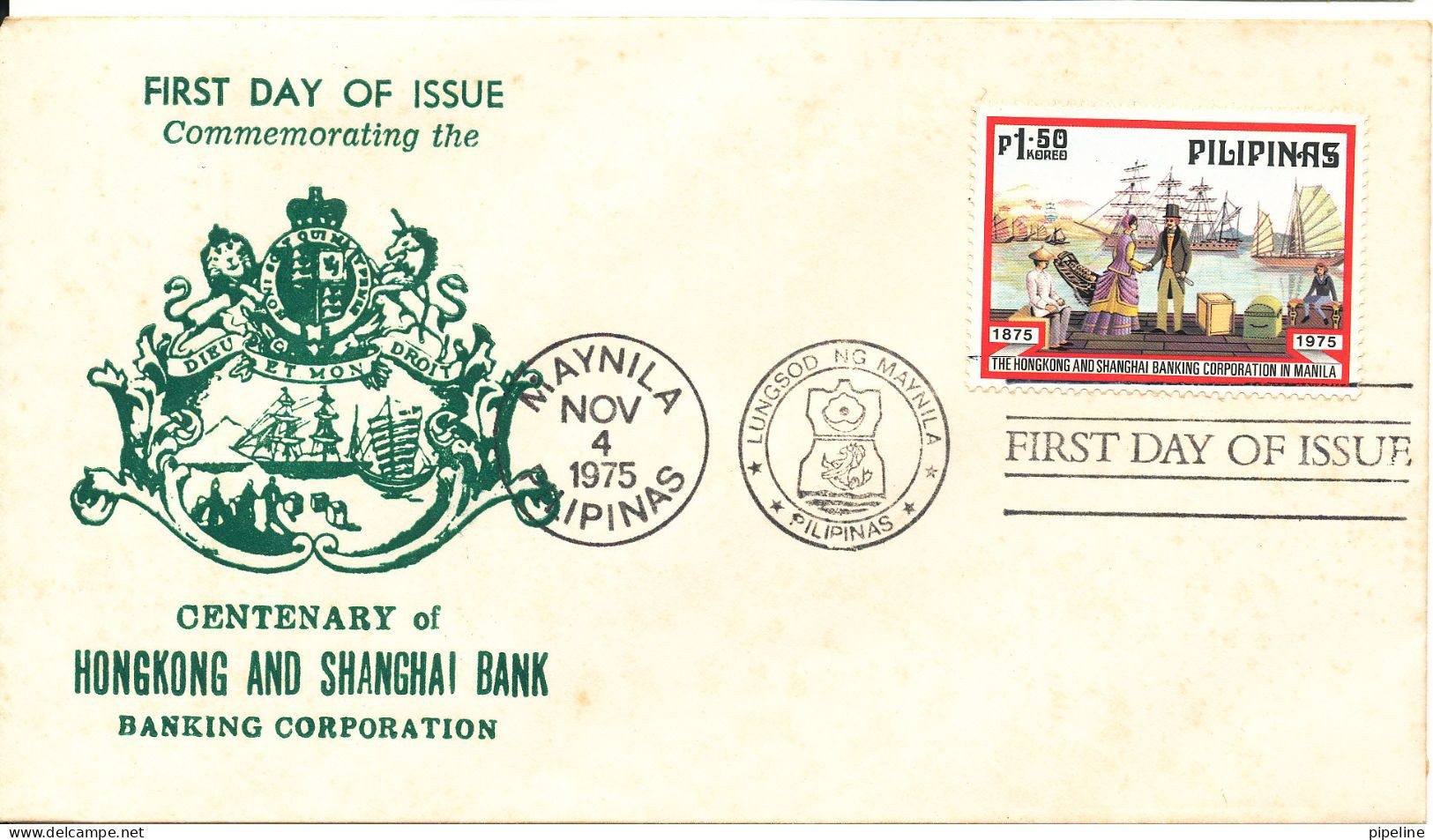 Philippines FDC  4-11-1975 Centenary Of Hongkong And Shanghai Bank Banking Corporation With Cachet - Filippine