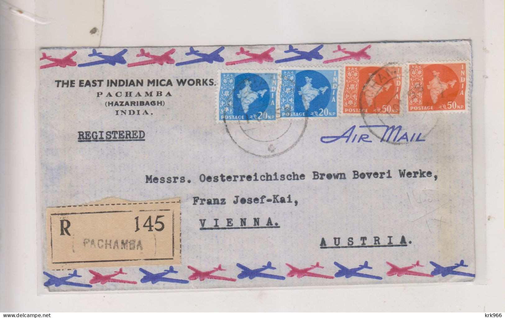 INDIA, 1958 PACHAMBA Registered Airmail Cover To Austria - Luchtpost