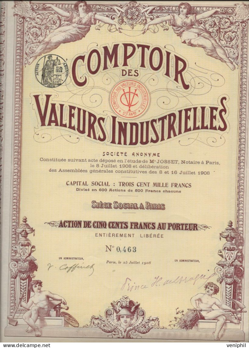 COMPTOIR DES VALEURS INDUSTRIELLES  LOT DE 2 ACTIONS ILLUSTREES DE CINQ CENT FRANCS  -ANNEE 1908 - Bank En Verzekering