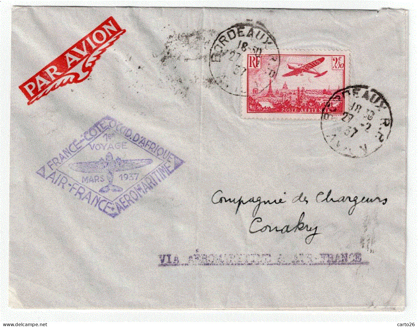 Aviation * Lettre Au Départ De Bordeaux Pour Conakry - 1 Vol En 1937 Pour La Côte Occidentale D'Afrique * - Autres (Air)