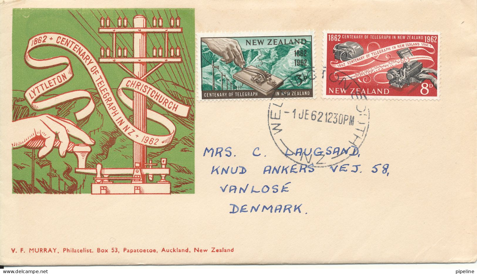 New Zealand FDC 1-6-1962 Centennary Of Telegraph Christchurch - Lyttleton 1862 - 1962 Complete Set Of 2 With Cachet Sent - FDC
