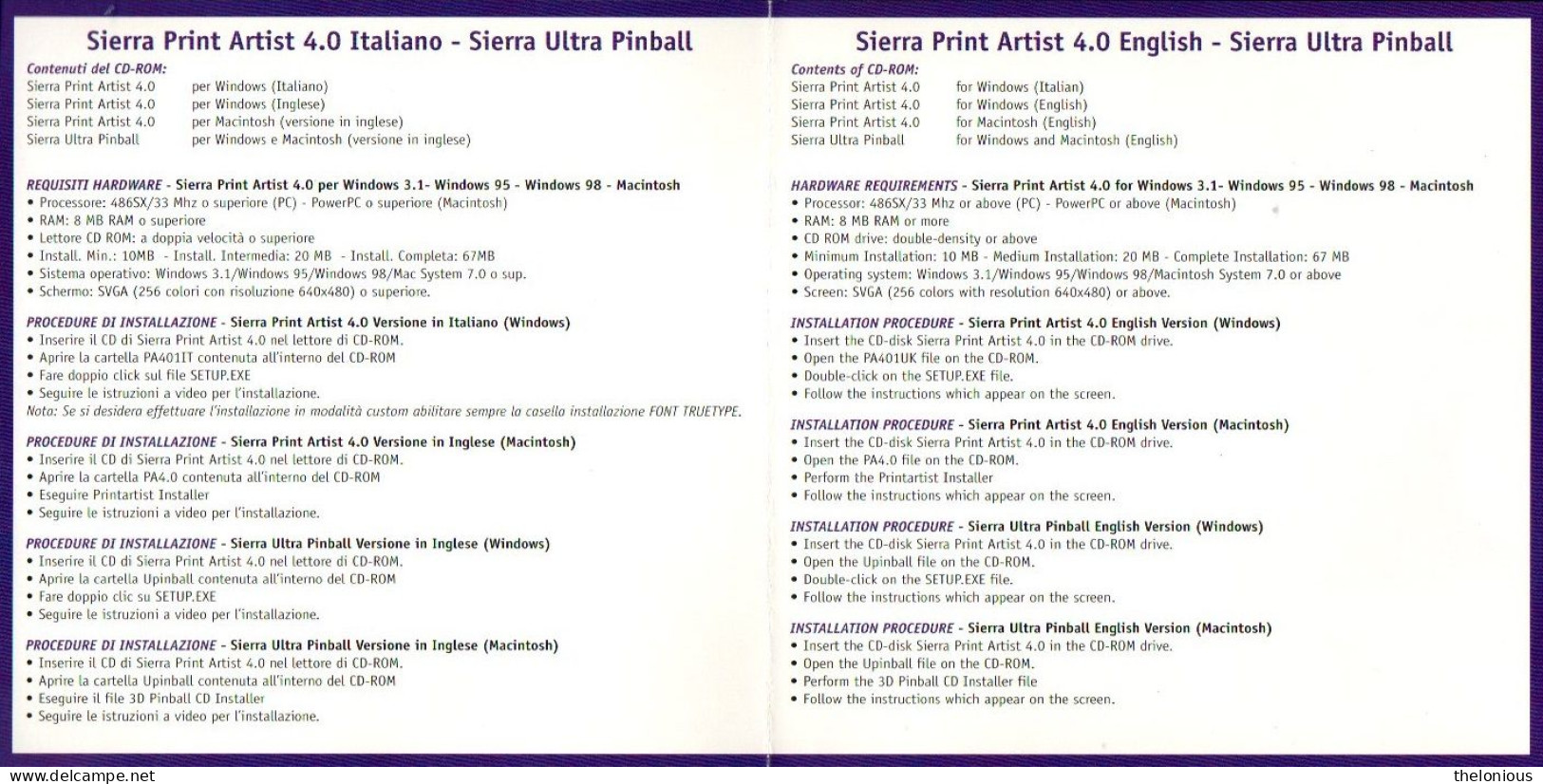 # CD ROM Print Artist 4.0 Italiano/English - EPSON - Sierra Ultra Pinball - Sonstige Formate